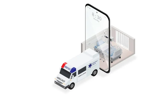 Online Health Insurance Concept Presented Ambulance Hospital Bed Smartphone Purchasing — Wektor stockowy