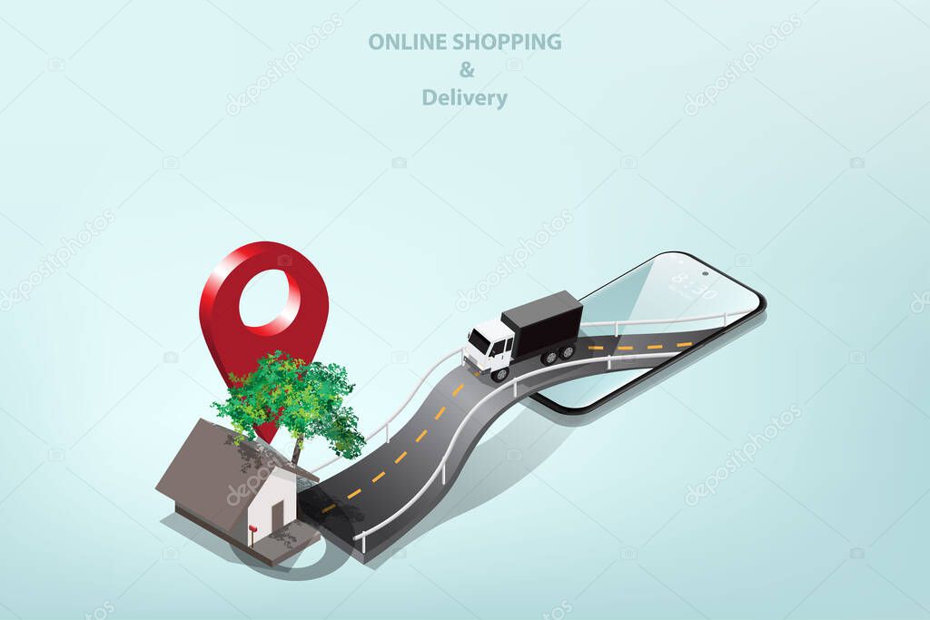 Vector isometric shopping Online delivery concept on mobile with cargo trucks run on roads to carry goods from stores to customer at home on gradient blue background