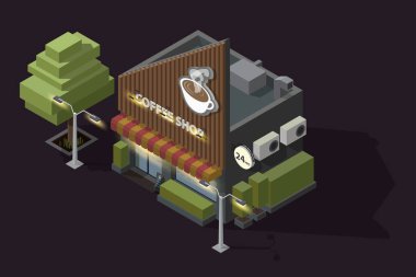 Üzerinde tabela ya da logo olan Isometric kahve dükkanı. Bir kahve dükkanı ve sokak lambası çizimi olan 3 boyutlu bir kahve fincanı modeli. Gece arka planda izole edilmiş.