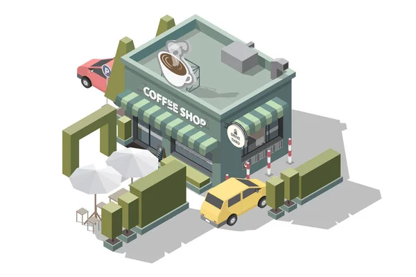 Isometrische Coffeeshop Met Een Teken Logo Top Vorm Van Een — Stockvector