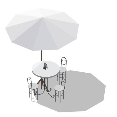 Kafe ya da restoran binasının önünde beyaz şemsiye ve masa üzerinde menü ve beyaz arka planda izole gölgeler olan Isometric vektör yemek koltuğu.