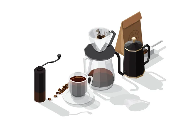 Isometrisk Vektor Illustration Uppsättning Kaffe Beredning Bestående Kaffebönor Papperspåse Kaffekopp — Stock vektor