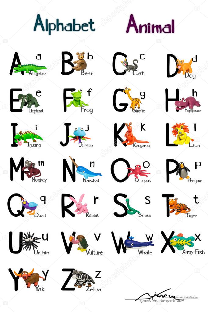 Statues like cute animals for children. Molding from plasticine for learning alphabet A-Z. Cartoon characters like wild animals with English alphabet isolated on white background.