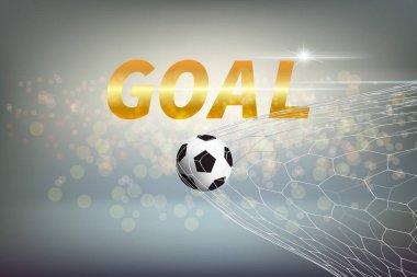 Gol kavramı, gradyan mavi arkaplan üzerinde renkli Bokeh çemberiyle internete giren bir mesaj ve bir futbol topuyla temsil edilir. Çizim tasarımı.