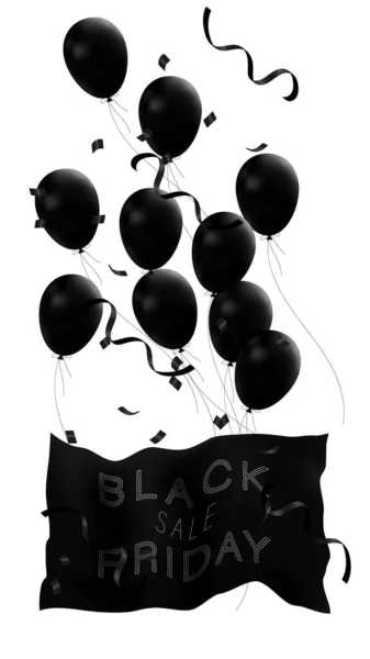 Black Friday Sale Text Dark Flag Canvases Black Balloons Rising — Stock Vector