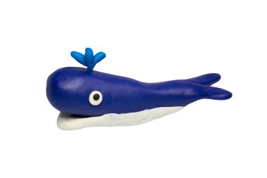 Çocuklar için sevimli hayvanlar gibi heykeller. Plasticine 'den kalıplar. Çizgi film karakterleri, Balina kırpma yolu ile beyaz arkaplan izole.