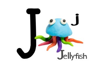 Çocuklar için sevimli hayvanlar gibi heykeller. Alfabe-J öğrenmek için plastik kalıptan. Çizgi film karakterleri, beyaz arka planda izole edilmiş denizanaları..