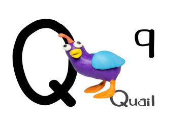Çocuklar için sevimli hayvanlar gibi heykeller. Alfabeyi öğrenmek için plastik kalıptan döküyorum, Q. Çizgi film karakterleri, beyaz arka planda bıldırcın. 3 boyutlu görüntüleme, resimleme gibi.