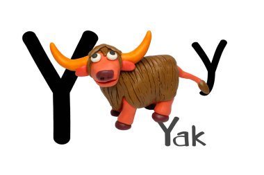 Çocuklar için sevimli hayvanlar gibi heykeller. Alfabeyi öğrenmek için plastik kalıptan aldım, Y. Yak beyaz arka planda izole edilmiş. 3 boyutlu görüntüleme, resimleme gibi.