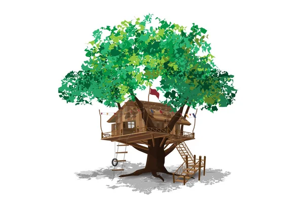 Casa Árvore Isolada Sobre Fundo Branco Desenho Vetorial Ilustração —  Vetores de Stock