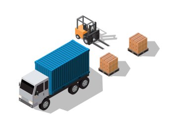 Malların kargo kamyonu ve forklift ile paletlerde depolandığı Isome vektör illüstrasyon deposu verimli depo yönetimi kavramına izole edilmiş.
