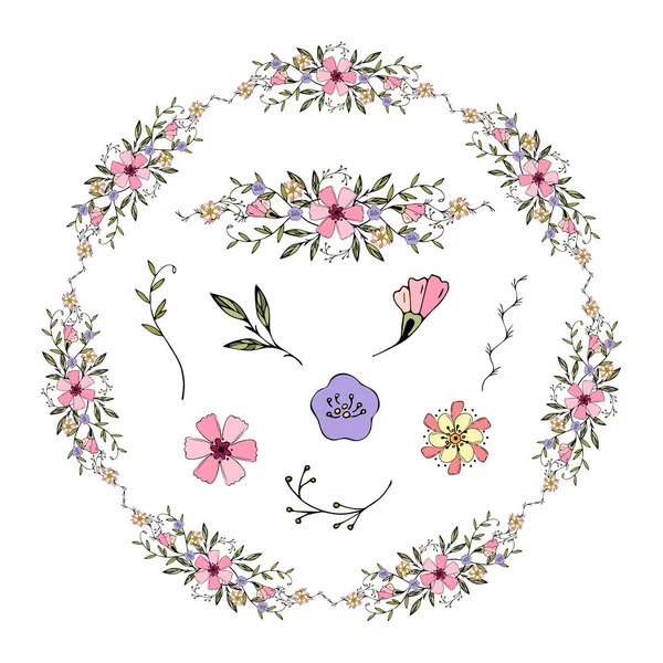 Authors brush floral spring, wreath, brush elements isolated, in doodling style, hand drawing. — Stock vektor