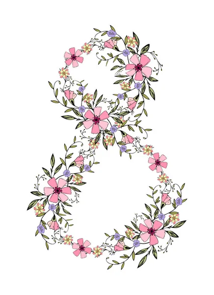 Number 8 on women day in March by an author brush from doodling flowers, hand drawing. — Image vectorielle