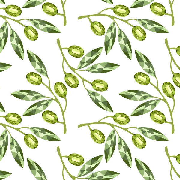 Pattern with olives in the style of low poly, green, a branch of olives with fruits. — Stockvector