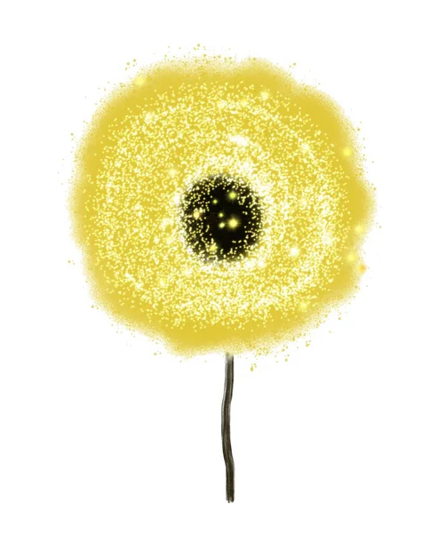 Illustration of a yellow fluffy dandelion flower with sparks and a black center — Stock Photo, Image