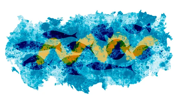 Sfondo blu mare con pesci, silhouette di pesci, astratto, macchia di mare. — Vettoriale Stock