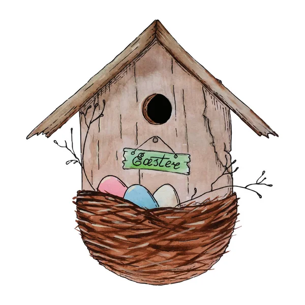 Birdhouse σκίτσο σε ακουαρέλα με περίγραμμα, φωλιά με αυγά, Καλό Πάσχα. — Διανυσματικό Αρχείο