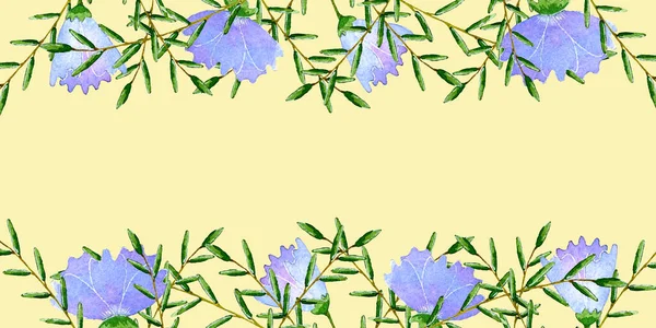 Banner mit Blumenrahmen von oben nach unten, blaue Blumen, Aquarell, gelber Hintergrund. — Stockfoto