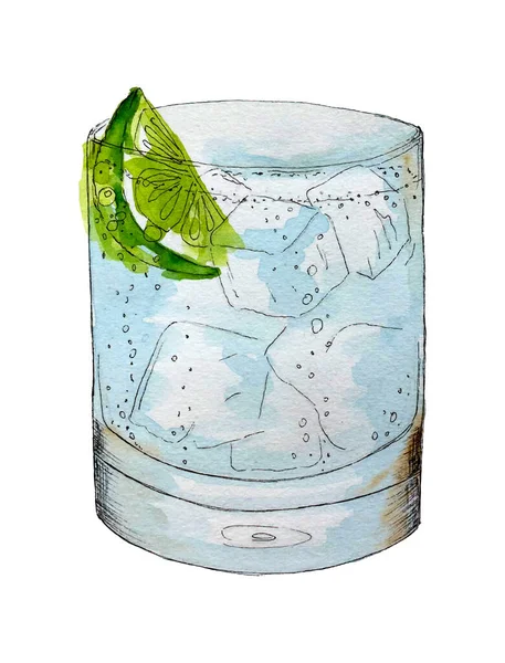 Bar menüsü için cin ve tonik kokteyli. Vektör içeceği, suluboya, el çizimi, çizim. Limon, buz, baloncuk. Beyaz arkaplanda izole.