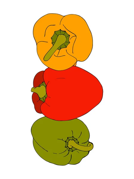 Farbe Paprika rot gelb grün, ein Haufen Paprika, eins zu eins. Skizze, Handzeichnung. — Stockvektor