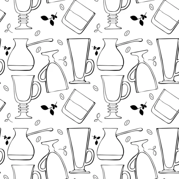 Pattern glasses for coffee drinks and a glass of whiskey, latte, Irish coffee, coffee turk, beans and coffee sprigs. — Stock Vector
