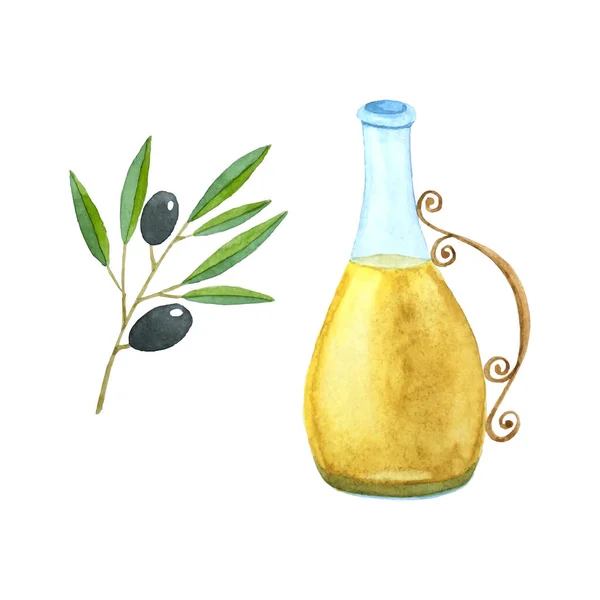 Acuarela vector mano dibujar una botella de aceite de oliva, una rama con aceitunas, un recipiente de vidrio con aceite, color amarillo del líquido en el interior. Sobre un fondo blanco, aislado. — Vector de stock