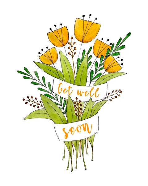 Blumenstrauß Aquarell mit der Aufschrift Gute Besserung, Grußkarte, Gesundheitswunsch. Kritzelnde Blumen, Handzeichnung, Aquarell, auf weißem Hintergrund. — Stockfoto