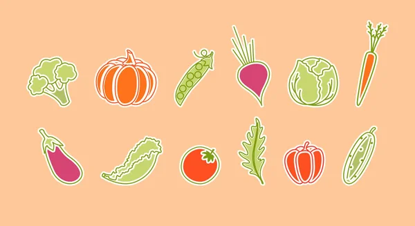 A set of stickers with vegetables, healthy food, vegetarianism, garden, vegetable garden. — Stock Vector