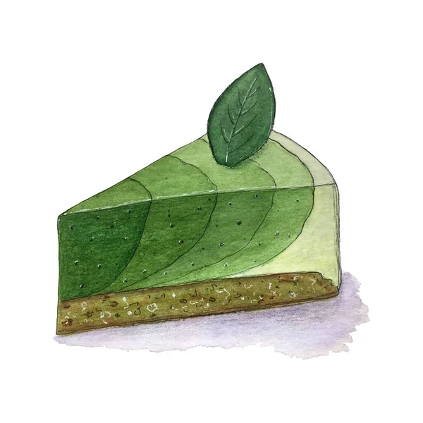 Matcha mousse cake watercolor drawing, handmade, sketch. — стоковый вектор