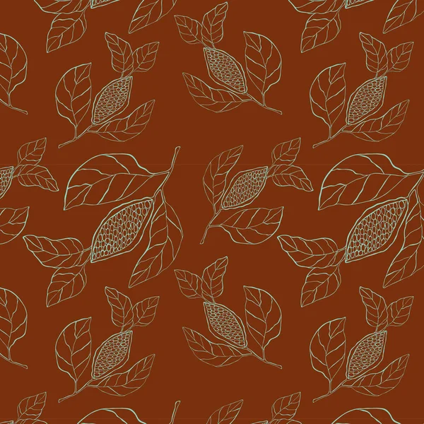 Motif cacao sans couture avec des fruits et des feuilles, dessin à la main, gribouillage, silhouette bleu contour, isolé sur fond brun. — Image vectorielle