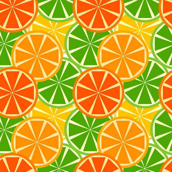 Бесшовный летний узор с цитрусовыми. Лимон, апельсин, грейпфрут, лайм. Для оформления баннера, фона, фона, текстиля, декора, упаковки. — стоковый вектор