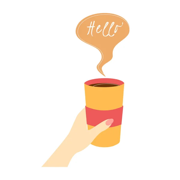Café em uma xícara, mão segura, uma bolha de discurso com a inscrição Olá. Você pode inserir qualquer etiqueta. —  Vetores de Stock
