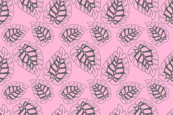 Monstera gribouillis feuilles motif sans couture, fond rose et feuilles de monstère grises. Pour textiles, décors, emballages, emballages, revêtements de meubles — Image vectorielle