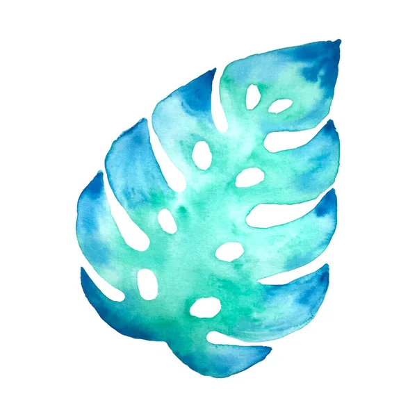 Monstera лист акварель зеленый аквамарин синий. Изолированный, белый фон. Для дизайна, декора. — стоковый вектор