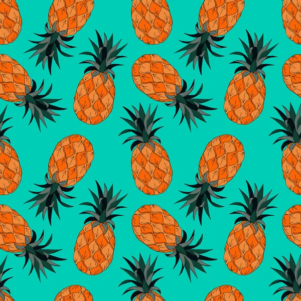 Naadloos patroon met ananas, handtekenen krabbels, blauwe achtergrond. Voor textiel achtergrond cover verpakking banner. — Stockvector