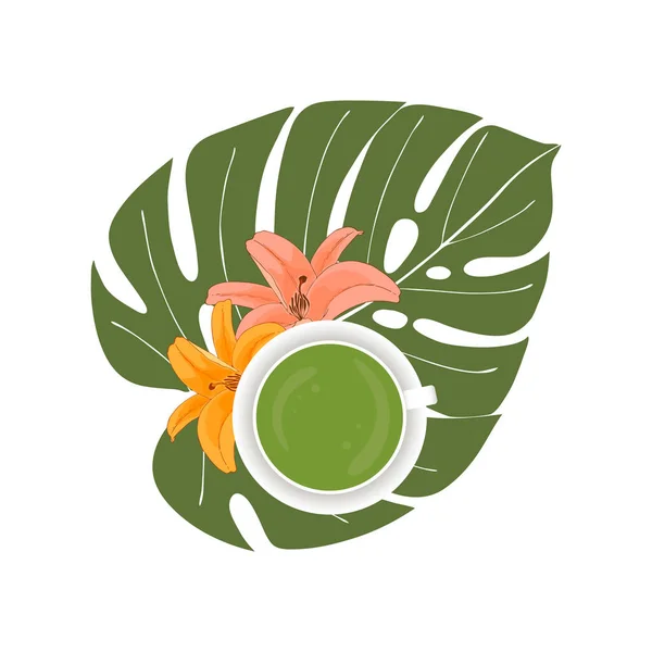 Matcha grönt te, mugg, lila orkidé blommor, monstera blad. Hälsosam dryck, livsstil. För banderoll, bakgrund, design. — Stock vektor