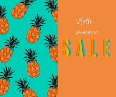 Tasarım için yaz indirimi afişi. Ananas, ananas, turuncu mavi renkler. Şablon