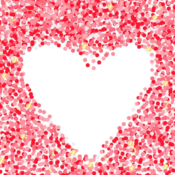 Heart shape made of confetti, pink gold circles in random, place for an inscription. Saint Valentines Day, love, romance, recognition. Postcard, banner, template, backdrop. — Stock Vector