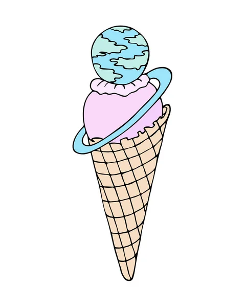 Helado, garabato de color en un cono de gofre, color rosa azul amarillo, planeta Saturno, dibujo de garabato de contorno hecho a mano, aislado, fondo blanco. — Archivo Imágenes Vectoriales