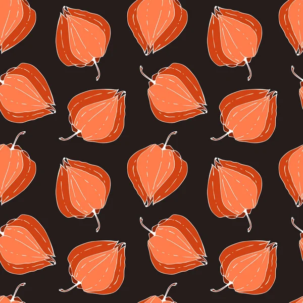 Physalis motif sans couture gribouillage dessin à la main sur un fond noir. — Image vectorielle