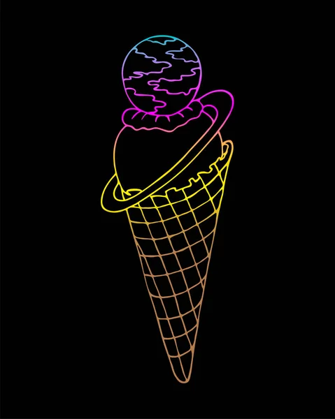 Ice cream, colored doodling in a waffle cone, pink blue yellow color, planet Saturn, handmade contour doodle drawing, isolated, white background. — Stock Vector