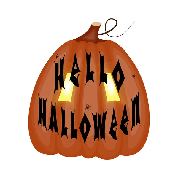Verschrikkelijke pompoen voor Halloween met belettering Hallo Halloween, element voor het ontwerp van ansichtkaart, achtergrond, achtergrond, gefeliciteerd. — Stockvector