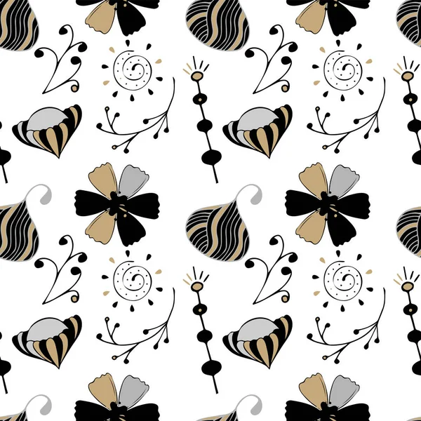 Seamless pattern doodle flowers branches, hand drawing, black gold silver, on a white background. — Stock Vector