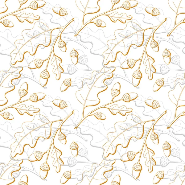 Herfst patroon van eiken eikels, tak met bladeren en eikelnoten, handwerkje doodling, oranje en grijze kleur, op een witte achtergrond. — Stockvector