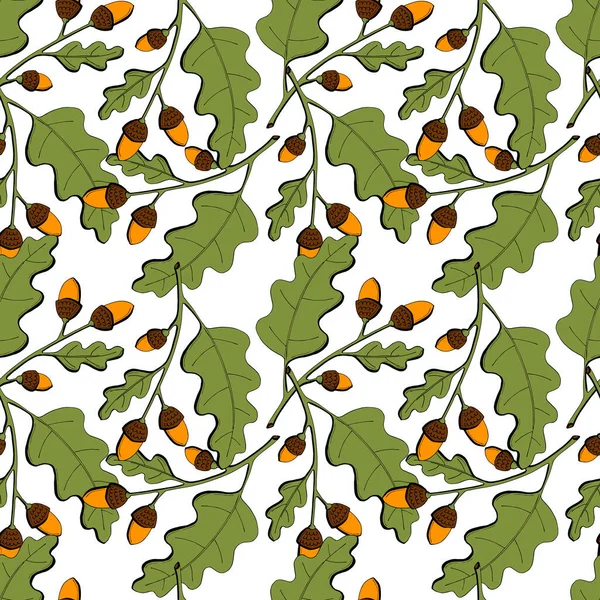 Herfst patroon van eiken eikels, tak met bladeren en eikelnoten, handwerkje doodling, oranje en grijze kleur, op een witte achtergrond. — Stockvector