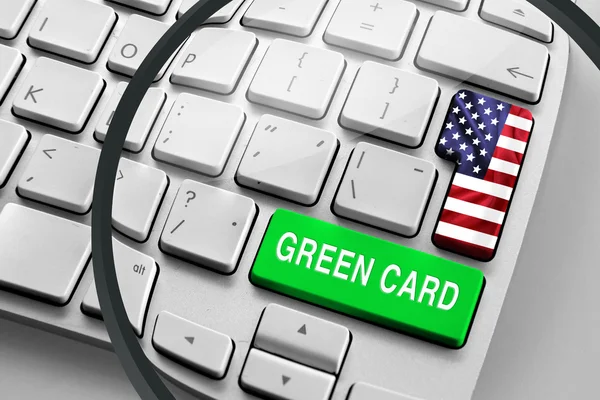 Computer Keyboard Flag Green Card Button Magnifying Glass — Zdjęcie stockowe