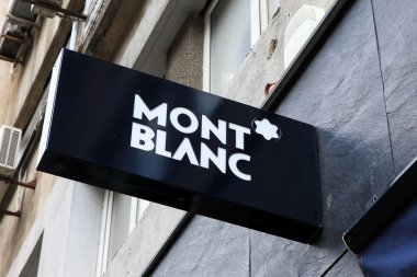 Bucharest, Romania - May 8, 2016: Mont Blanc logo. Mont Blanc International GmbH is a German manufacturer of luxury writing instruments, watches, jewellery and leather goods.