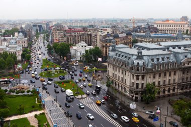 Bucharest, Romania, May 7, 2016: Aerial view of Central Bucharest street, with traffic passing by at Victory avenue, the main road of bucharest.
