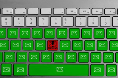 Computer keyboard with red phishing button surrounded with green email buttons