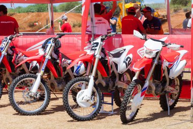 Wingate, Israel - July 23, 2016: Team Honda Motocross bikes paddock and service spot. hours before the race starts.